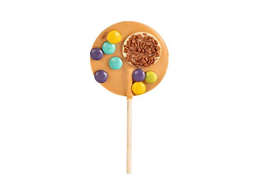 Sucette chocolat blanc caramélisé décors dragéifés